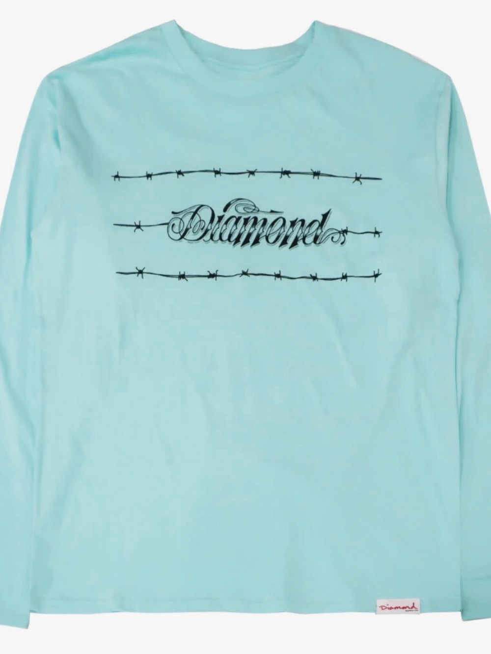 Diamond Supply Co. Aqua Crewneck Long Sleeve Tee with Barbed Wire Script, Large
